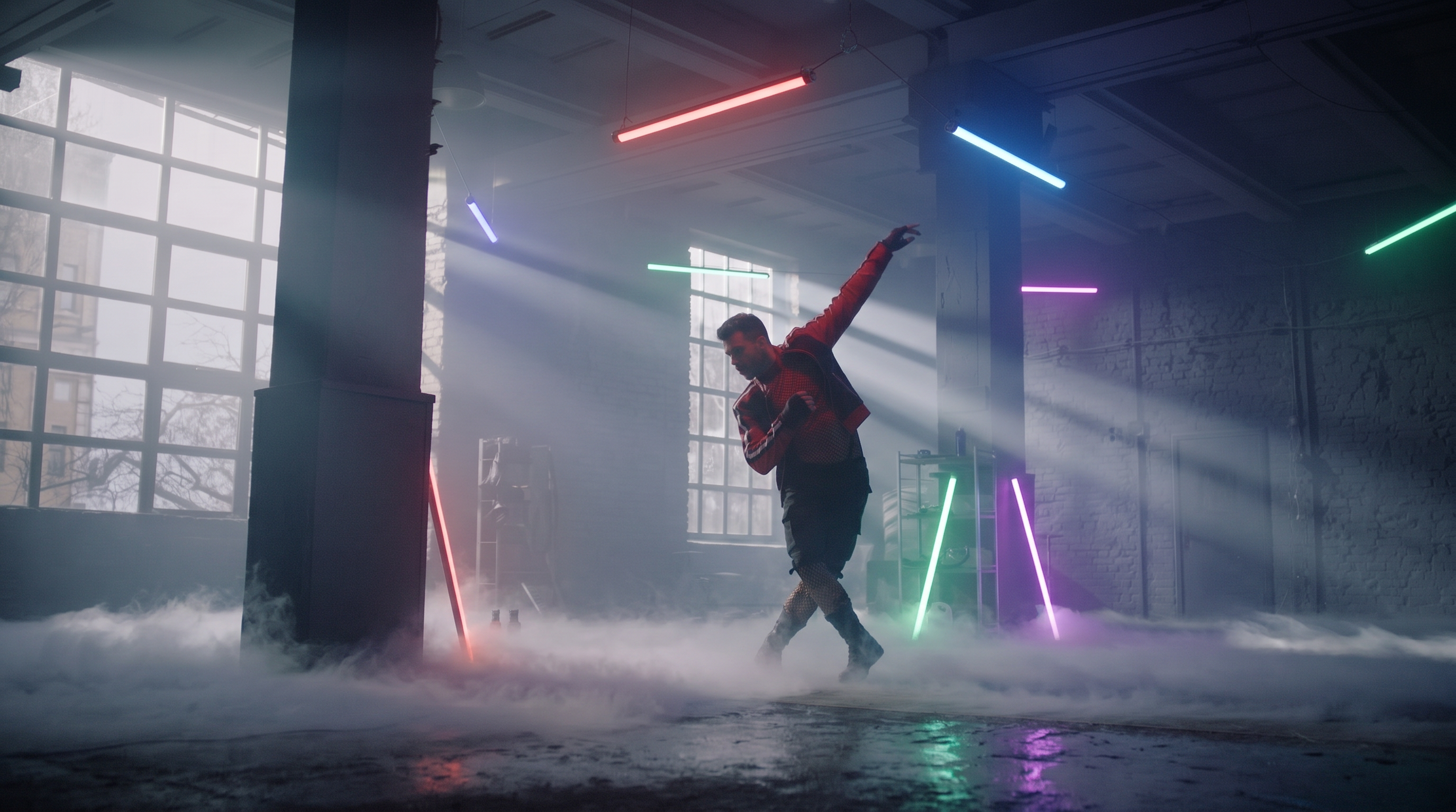 Studio reference: dancer mid-move in a hazy, neon-lit industrial space with window light shafts
